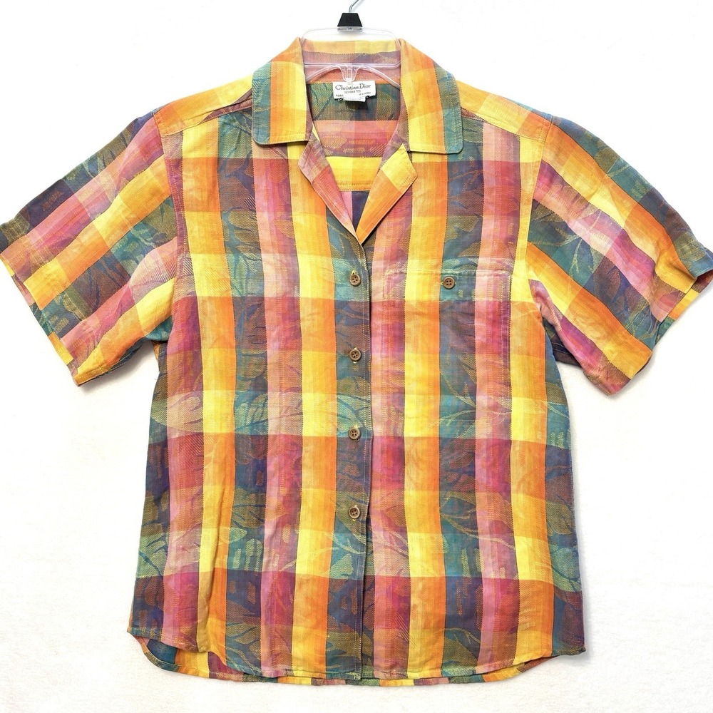 Vintage Christian Dior Separates Shirt Plaid Floral Button Short Sleeve Small